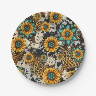 Sunflower Cow Print Western Paper Plate