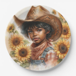 Sunflower Cowgirl Black Child Watercolor Paper Plate