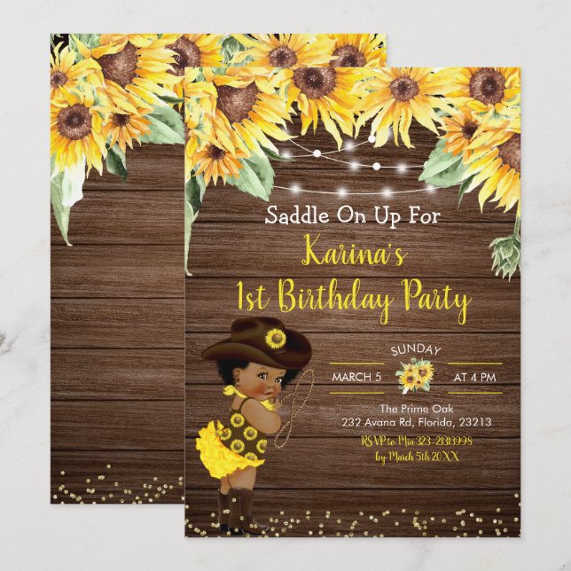Sunflower Cowgirl rustic Afro Girl Baby Shower Inv Invitation (Front/Back)