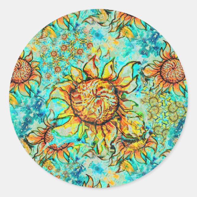 Sunflower Craze colourful summery pattern Classic Round Sticker (Front)