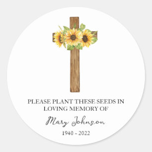 Sunflower Cross Memorial Funeral Seed Packet Classic Round Sticker