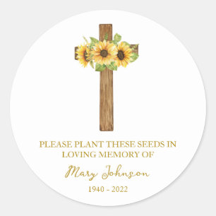 Sunflower Cross Memorial Funeral Seed Packet Classic Round Sticker