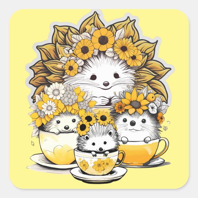 Sunflower Crowns Hedgehog Picnic Square Sticker (Front)
