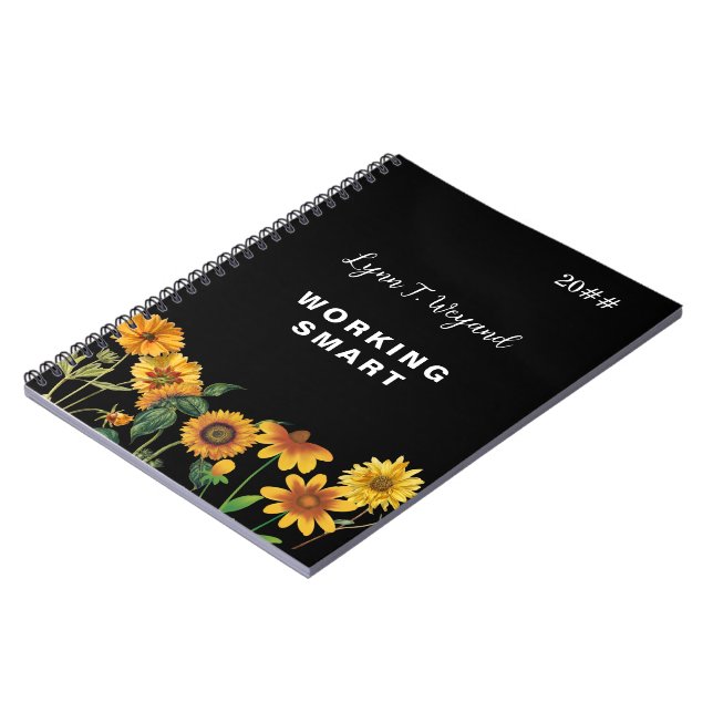 Sunflower Custom Name Bright Floral Notebook (Left Side)