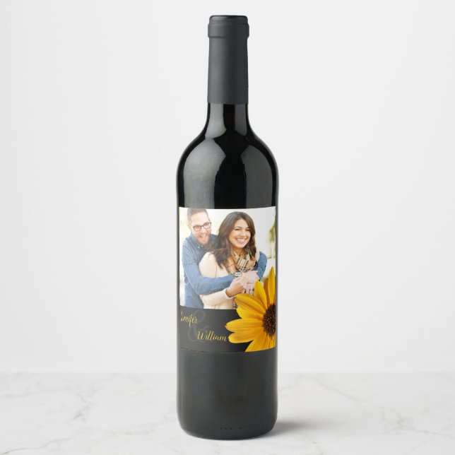 Sunflower, custom photo wine bottle with names label (Front)