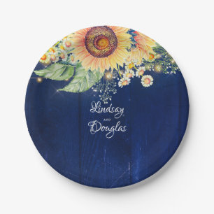Sunflower Daisies Baby's Breath Navy Blue Rustic Paper Plate