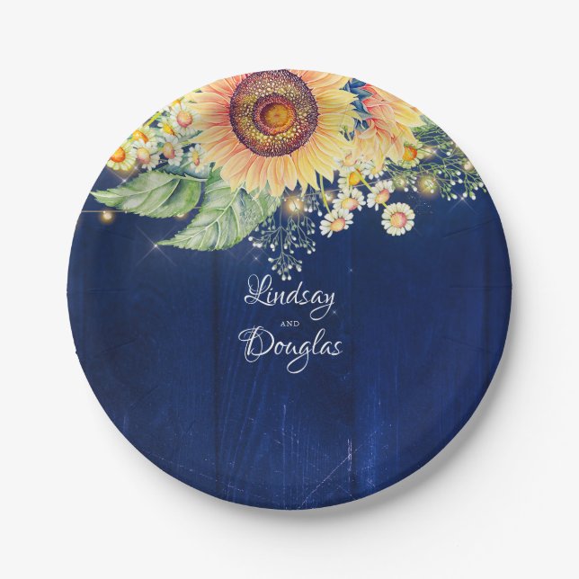 Sunflower Daisies Baby's Breath Navy Blue Rustic Paper Plate (Front)