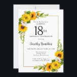 Sunflower Daisy 18th Birthday Surprise Party Invitation<br><div class="desc">Pretty yellow sunflower floral 18th birthday invitation. Yellow peonies and white daisies mingle with the sunflowers. A rectangular gold frame gives it an elegant vibe. Very easy to customise. That back is white with a sunflower bouquet. This is a perfect for a summer birthday celebration. This item is party of...</div>