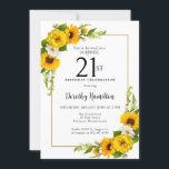 Sunflower Daisy 21st Birthday Surprise Party Invitation<br><div class="desc">Pretty yellow sunflower floral 30th birthday invitation. Yellow peonies and white daisies mingle with the sunflowers. A rectangular gold frame gives it an elegant vibe. Very easy to customise. That back is white with a sunflower bouquet. This is a perfect for a summer birthday celebration. This item is party of...</div>