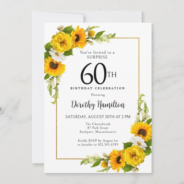 Sunflower Daisy 60th Birthday Surprise Party Invitation (Front)