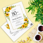 Sunflower Daisy 80th Birthday Party Invitation Postcard<br><div class="desc">Pretty yellow sunflower floral 80th birthday card. Yellow peonies and white daisies mingle with the sunflowers. A rectangular gold frame gives it an elegant vibe. Very easy to customise. The back has a sunflower bouquet. This is a perfect for a summer birthday celebration. This item is part of the Yellow...</div>