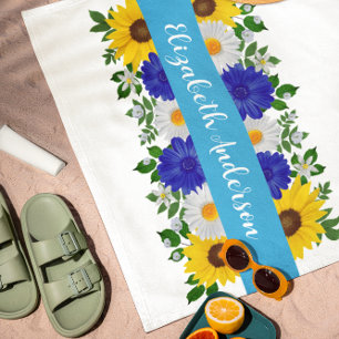 Sunflower Daisy Blue Floral Beach Towel