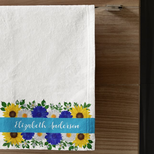 Sunflower Daisy Blue Floral Hand Towel (Creator Uploaded)
