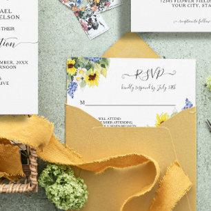Sunflower Daisy Blue Floral Rustic Watercolor RSVP Card