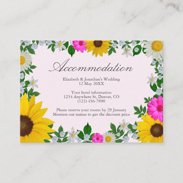 Sunflower Daisy Floral Wedding Accommodation Enclosure Card (Front)