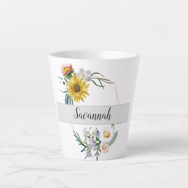 Sunflower Daisy Painted Floral Monogram Name Latte Mug (Front)