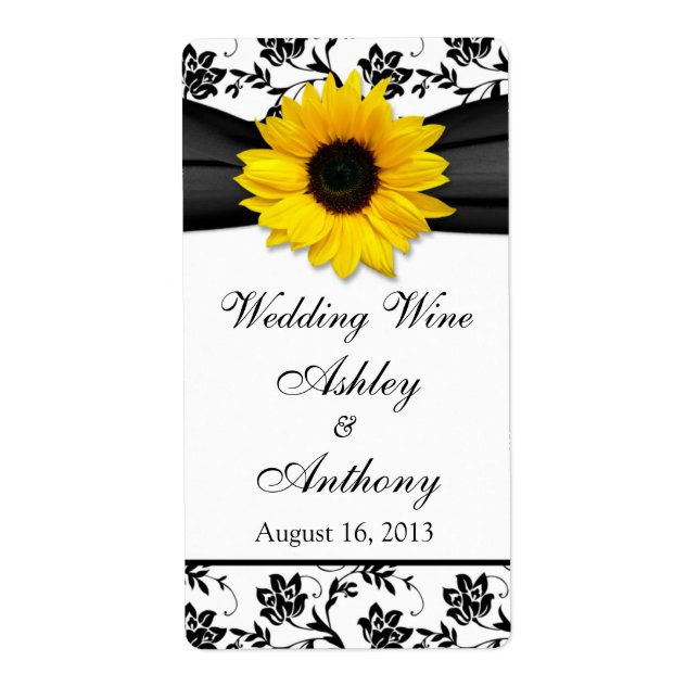 Sunflower Damask Wedding Wine Bottle Labels (Front)