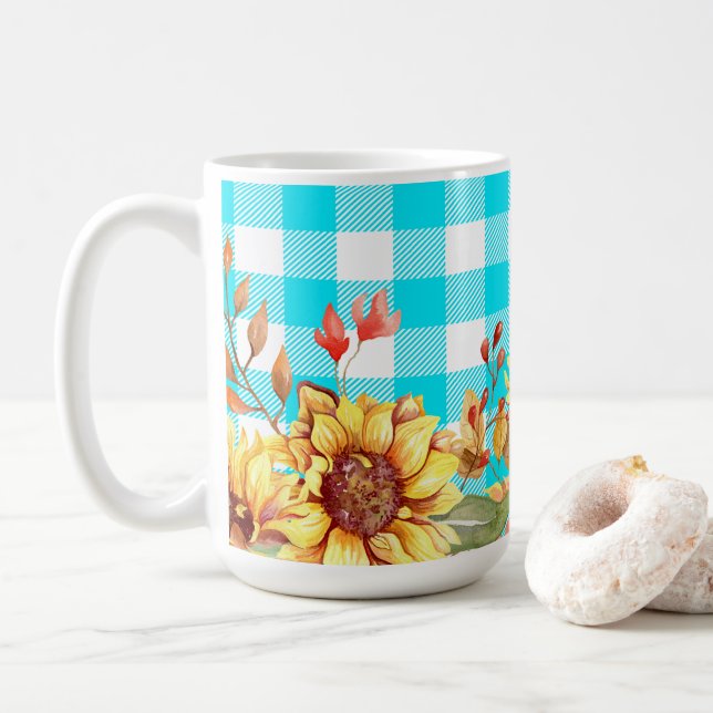 Sunflower Design and Blue Chequered Pattern Coffee Mug (With Donut)
