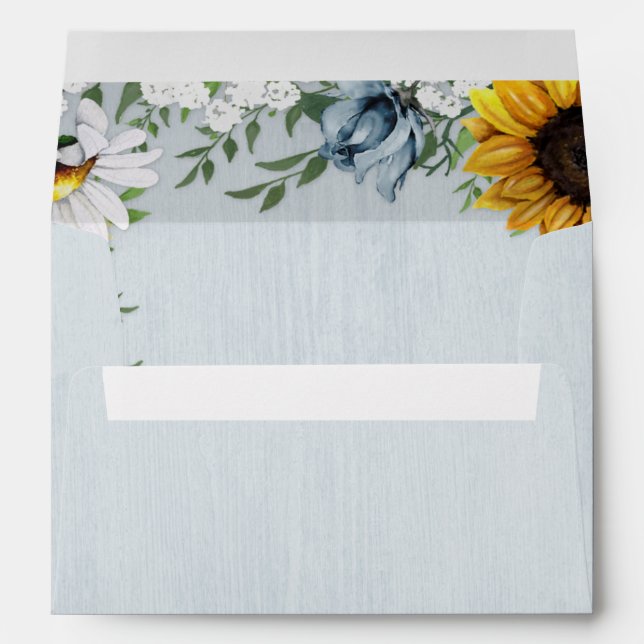 Sunflower Dusty Blue Country Rustic Roses Wedding Envelope (Back (Bottom))