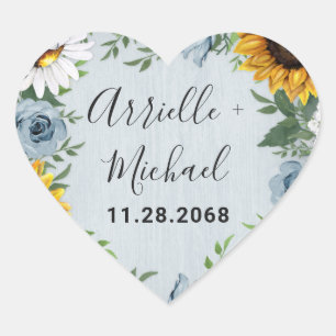 Sunflower Dusty Blue Country Rustic Roses Wedding Heart Sticker
