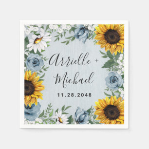 Sunflower Dusty Blue Country Rustic Roses Wedding Napkin