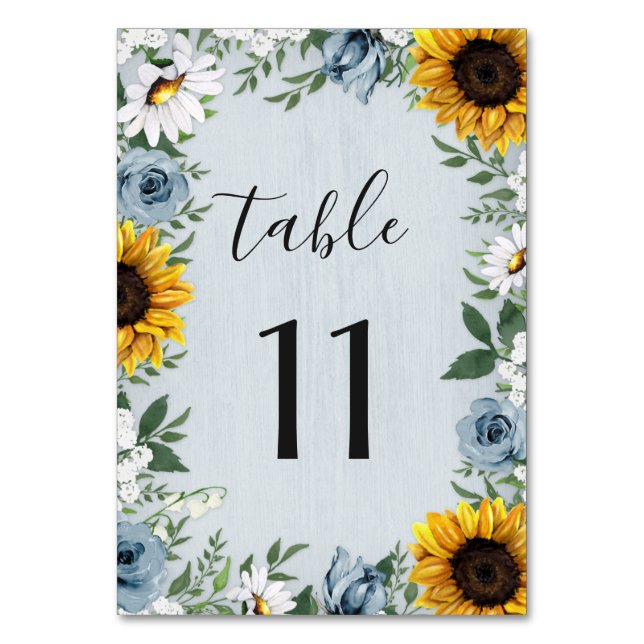 Sunflower Dusty Blue Country Rustic Roses Wedding Table Number (Front)