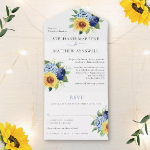 Sunflower Dusty Blue Floral Botanical Wedding All In One Invitation