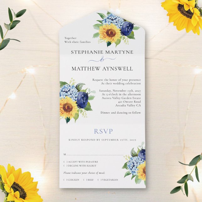 Sunflower Dusty Blue Floral Botanical Wedding All In One Invitation (Creator Uploaded)