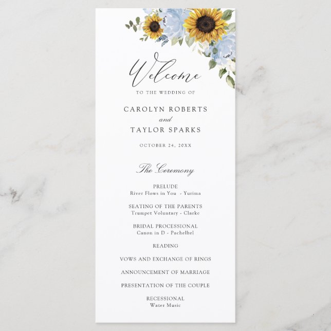 Sunflower Dusty Blue Floral Elegant Script Wedding Programme (Front)
