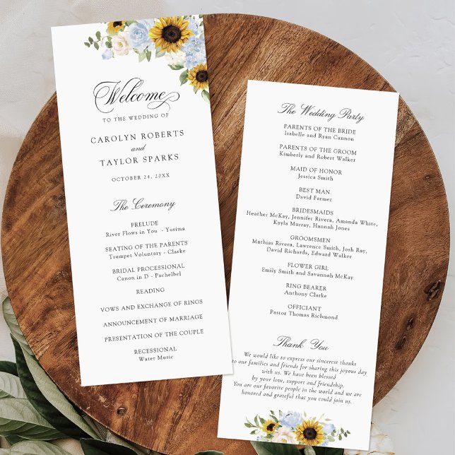 Sunflower Dusty Blue Floral Rustic Wedding Program Programme (Creator Uploaded)