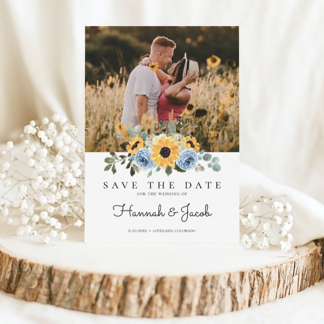 Sunflower Dusty Blue Floral Save The Date (Creator Uploaded)