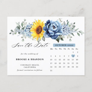 Sunflower Dusty Blue Peony Calendar Save the Date  Postcard