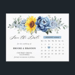 Sunflower Dusty Blue Peony Calendar Save the Date  Postcard<br><div class="desc">Elegant and modern floral midsummer calendar save the date card features a bouquet of watercolor sunflower hydrangea & peonies in shades of yellow , slate, dusty blue with lush green botanical leaves and eucalyptus. Please find more matching designs and variations from my "blissweddingpaperie" store. And feel free to contact me...</div>
