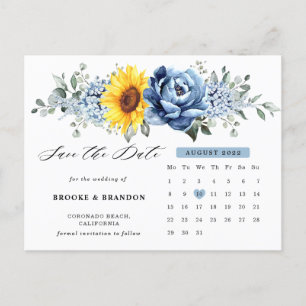 Sunflower Dusty Blue Peony Calendar Save the Date  Postcard