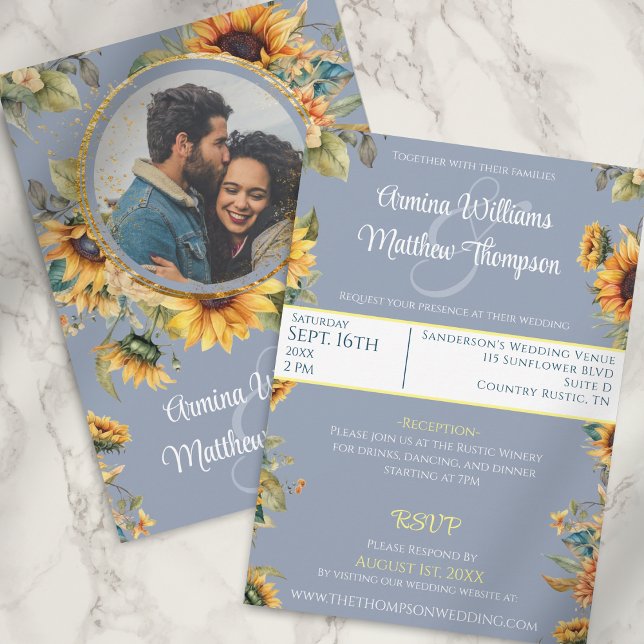 Sunflower Dusty Blue Photo Wedding With RSVP Invitation (Creator Uploaded)
