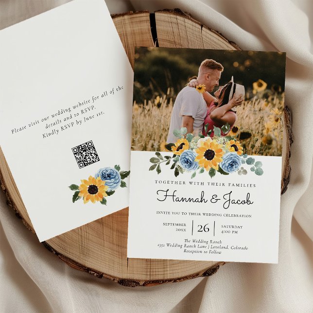 Sunflower Dusty Blue Rustic Photo QR Code Wedding Invitation (Creator Uploaded)