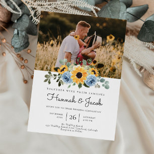Sunflower Dusty Blue Rustic Photo Wedding Invitation