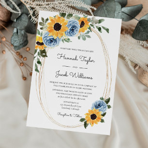 Sunflower Dusty Blue Rustic Roses Wedding Invitation