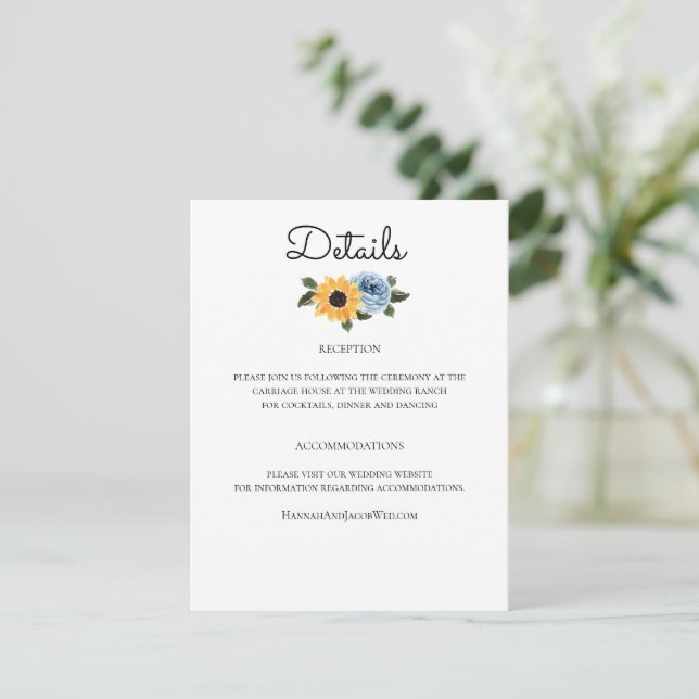 Sunflower Dusty Blue Rustic Wedding Enclosure Card (Standing Front)