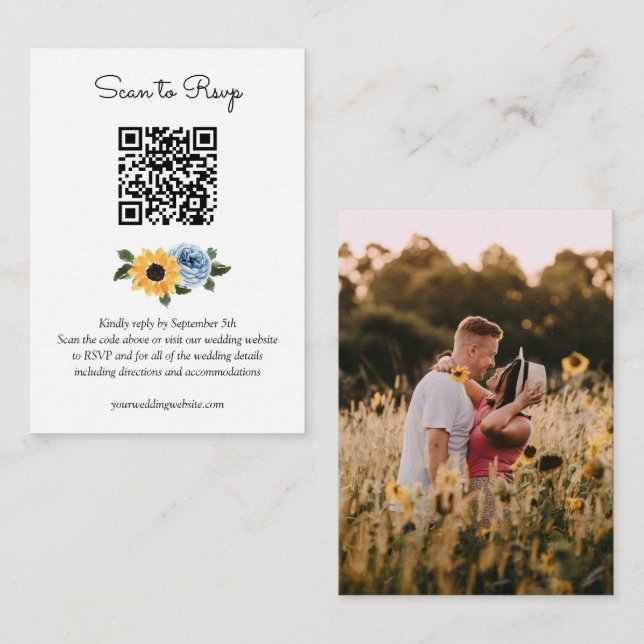 Sunflower Dusty Blue Rustic Wedding QR Code RSVP Enclosure Card (Front/Back)