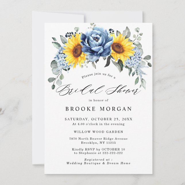 Sunflower Dusty Blue Slate Peony Bridal Shower Invitation (Front)