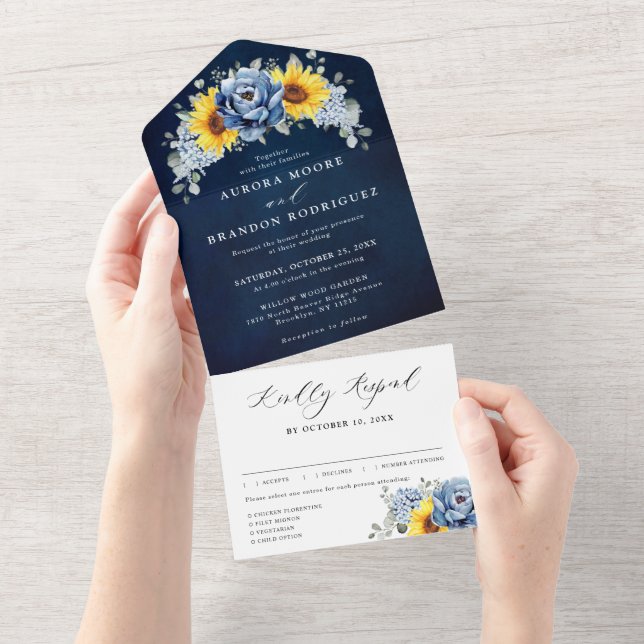 Sunflower Dusty Blue Slate Peony Floral Wedding Al All In One Invitation (Tearaway)