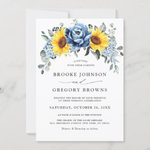 Sunflower Dusty Blue Slate Peony Floral Wedding Invitation