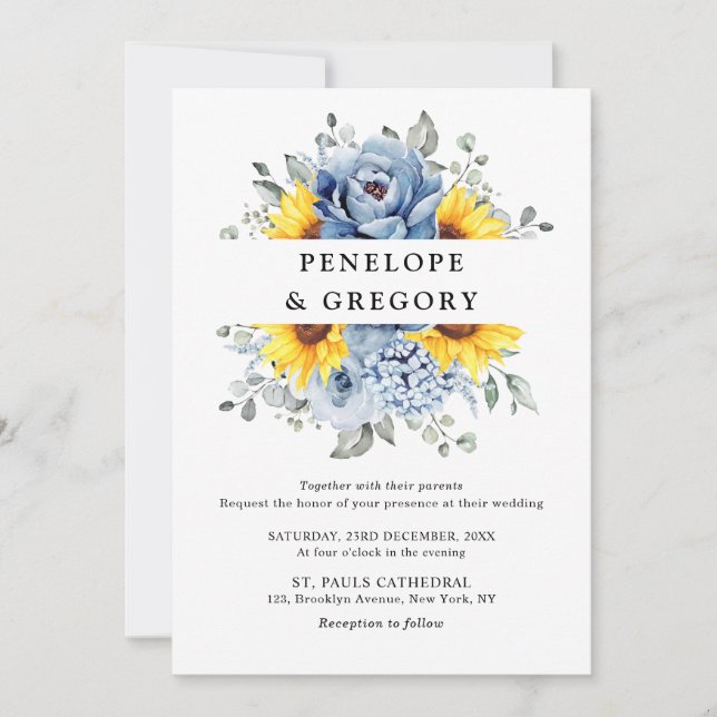 Sunflower Dusty Blue Slate Peony Floral Wedding Invitation (Front)