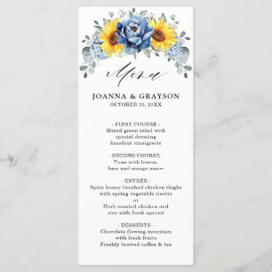 Sunflower Dusty Blue Slate Peony Floral Wedding Menu