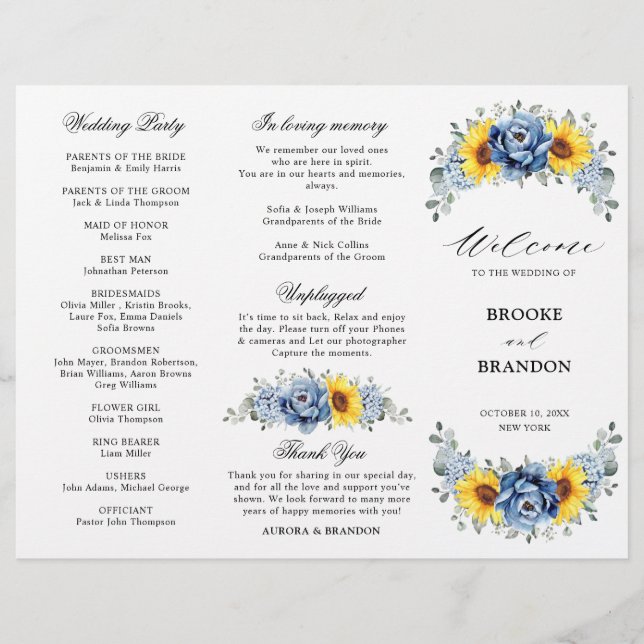 Sunflower Dusty Blue Slate Peony Wedding Program (Front)
