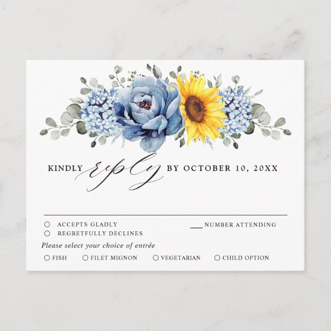 Sunflower Dusty Blue Slate Peony Wedding RSVP Postcard (Front)