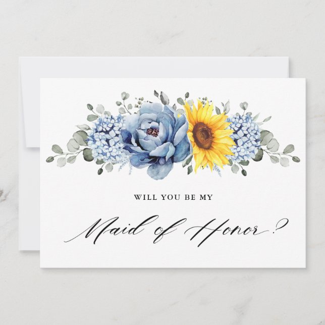 Sunflower Dusty Blue Will you be my Maid of Honour Invitation (Front)