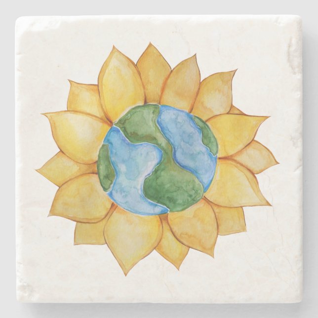 Sunflower Earth Day Art watercolor Sunflowers Stone Coaster (Front)
