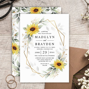 Sunflower Elegant Rustic Geometric Gold Wedding Invitation